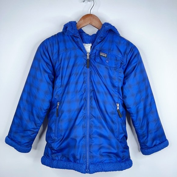 Patagonia Other - Patagonia Girls Reversible Coat Blue Fleece Hooded Pockets Size 10 Medium